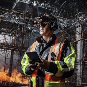 A worker in a reflective safety vest and advanced VR headset stands in front of a balzing industrial backdrop, using at ablet to manage or simulate emergency operations