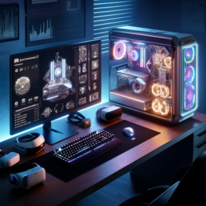 Uma configuração gamer de alto nível com um PC customizado iluminado, um monitor grande exibindo esquemas técnicos, um headset de VR e diversos periféricos sobre uma mesa em uma sala com pouca luz