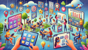 Cena vibrante de sala de aula com alunos diversos utilizando ferramentas digitais e elementos de gamificação, destacando abordagens educacionais modernas em um ambiente dinâmico