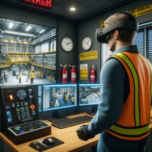 A realistic scene of a virtual reality (VR) safety training session. In the foreground, a person wearing a VR headset and motion-sensing gloves