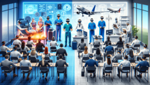 A professional training session contrasting VR and traditional methods. On the left, a diverse group of individuals wearing VR headsets are engaged in immersive training
