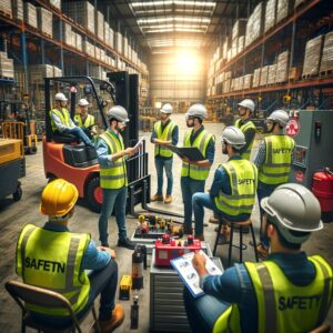 An in-person safety training session taking place inside an industrial warehouse. The scene shows a group of workers wearing hard hats and safety goggles
