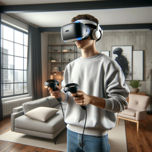 Um jovem usando um headset de VR e segurando controles participa de uma experiência de realidade virtual em uma sala de estar moderna