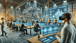 مهنيون في بيئة صناعية يستخدمون نظارات الواقع الافتراضي للتفاعل مع محاكاة رقمية على شاشات كبيرة ضمن تدريب السلامة في مكان العمل
